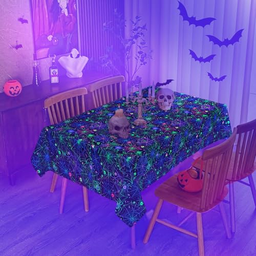 Halloween UV Reactive Black Spider Web Tablecloth - Waterproof 84x60 Inch
