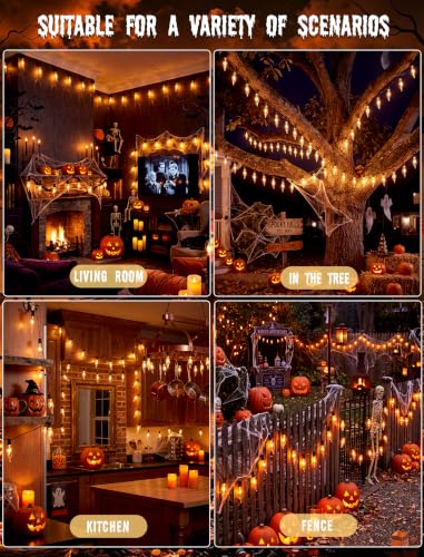Vintage Rustic Halloween Flickering Flame String Lights - 25FT, Spooky Orange Bulbs