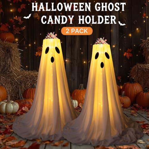 Halloween Ghost Candy Bowl Stand Set with LED String Lights - Indoor & Outdoor Decor
