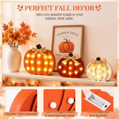 Novabright 3-Piece Fall Wooden Pumpkin Decor Set - White, Orange, Brown, 4in+6in+8in with LED Lights