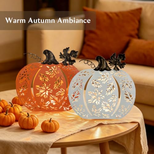 Lighted Metal Fall Pumpkins Decor Set - Orange & White, Rustic Autumn Accent with Leaf Shadows