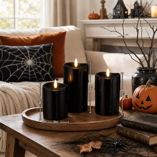 Velsyn Black Flameless Pillar Candles with Remote Set of 3 - Halloween Decor