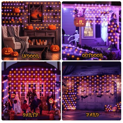 Halloween Net Lights Outdoor 360 LED String Lights - Orange & Purple - 12x5 FT with 8 Modes & Connectable, IP65 Waterproof, Festive Decoration