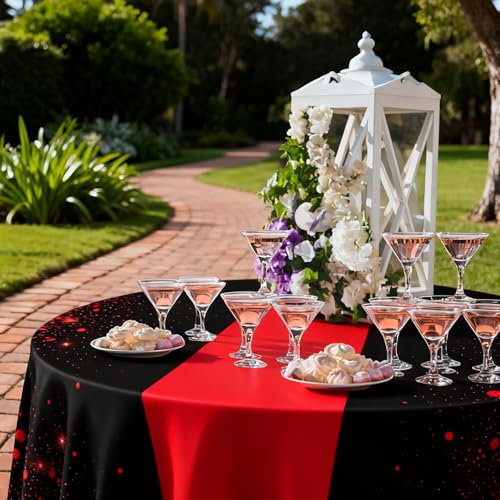 Black and Red Disposable Round Plastic Tablecloth 84 Inch - 6 Pack