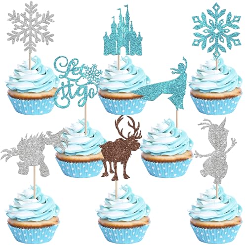 Snowflake Cupcake Toppers Set - Design 13 Winter Frozen Party Decorations (24 Pack)