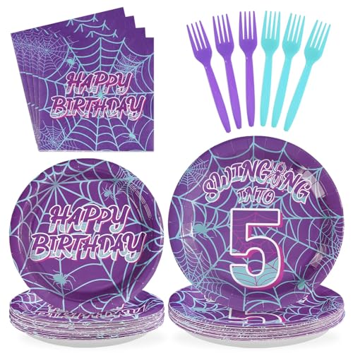 Purple Spider 5th Birthday Party Supplies Set for Kids - Serves 24, Includes Plates, Napkins, Forks