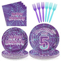 Purple Spider 5th Birthday Party Supplies Set for Kids - Serves 24, Includes Plates, Napkins, Forks