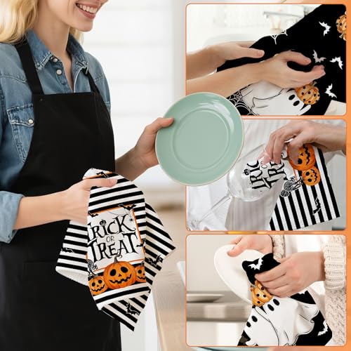 Hexagram Halloween Kitchen Towels Set of 2 - Black Stripe Ghost Design, 18x28 Inches