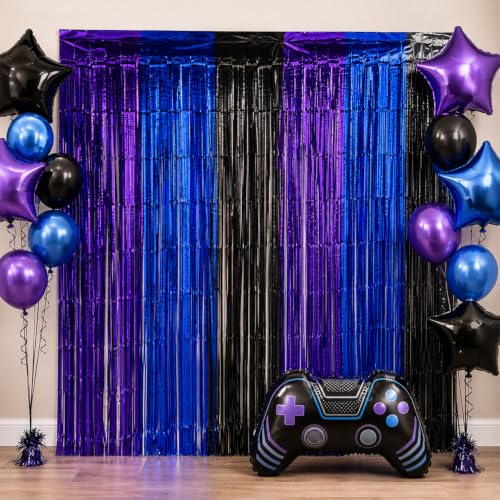 Gaming Foil Fringe Curtains Set - Blue Purple Black 13.2x6.6 ft 4 Pack