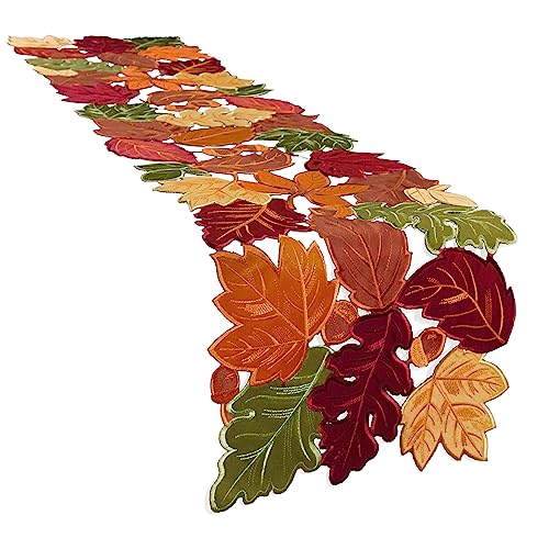 Fall Harvest Table Runner 54 Inch with Embroidered Maple Leaves - Coffee, 13" W