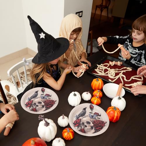 Halloween Vintage Paper Plates with Skull Rose Crow Design - 9 Inch Disposable Party Tableware, Pack of 50