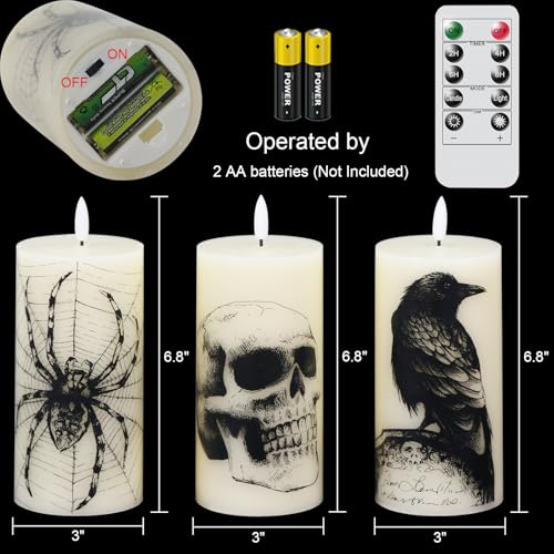 Halloween Skull Flameless Candles Set with Remote & Timer - Real Wax, 3 Pack
