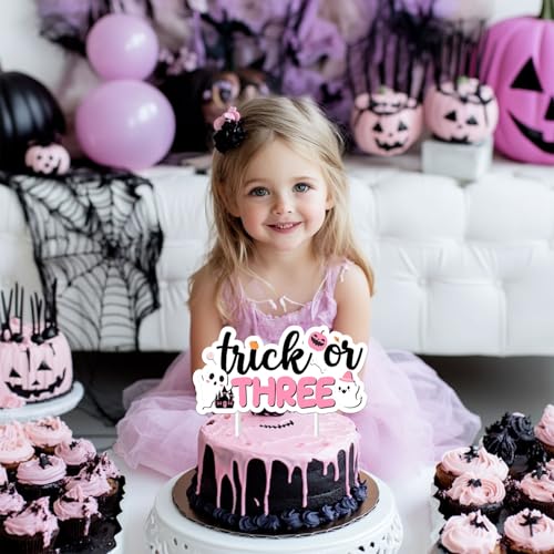 Halloween Themed Cake Topper Pink Trick or Three 3rd Birthday Decorations