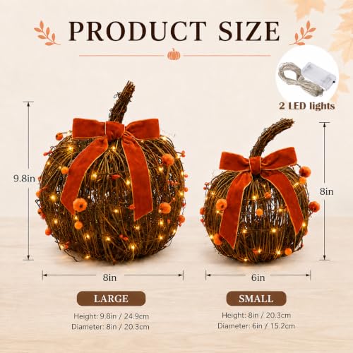 Lighted Fall Pumpkin Decor Set - Rattan Pumpkins with Velvet Bows, 2 Pack