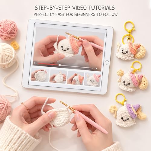 Crochet Keychain Kit for Beginners - Make 3 Mini Ghost Charms with Video Tutorial - Keychain-3 P&W