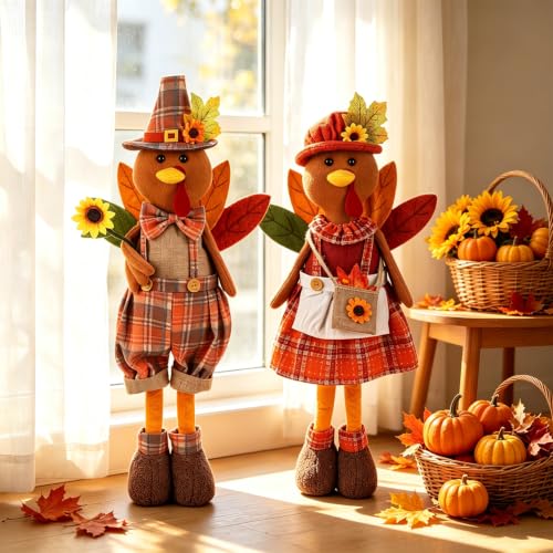 2 Pack Standing Thanksgiving Turkey Couple Figurines with Adjustable Legs - Fall Decor