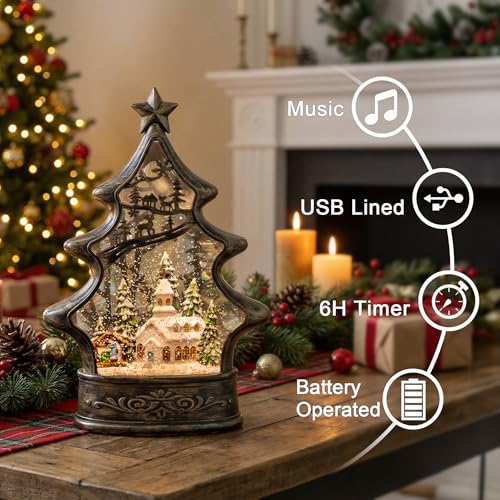 11.5-Inch Christmas Snow Globe Lantern with Nativity Scene & Music - Lighted Church with Glitter & Water, USB or Battery Powered