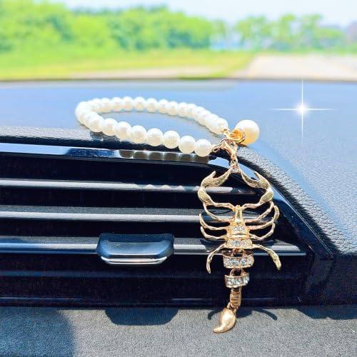 Golden Bling Scorpion Rear View Mirror Charm with Pearl Chain – Car Decoration