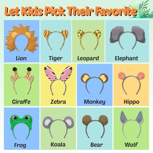 Kids & Adult Jungle Animal Ears Headbands with Lights - 12 Pack