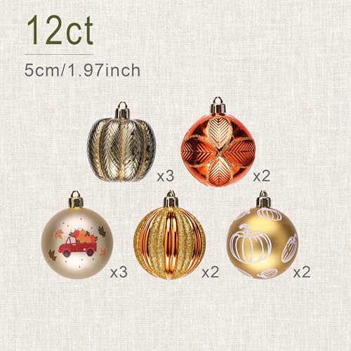 Fall Pumpkin Ornaments Set - 12 Shatterproof Harvest Tree Decorations 1.97 Inch