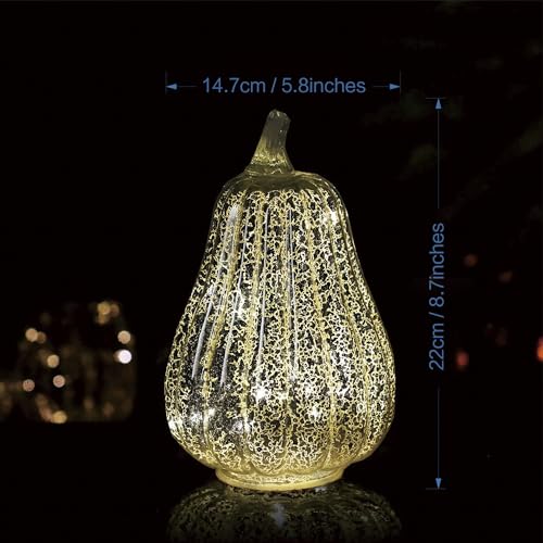 Silver Glass Pumpkin Light with Timer - 8.7-Inch Mercury Pumpkin Decor for Halloween and Fall