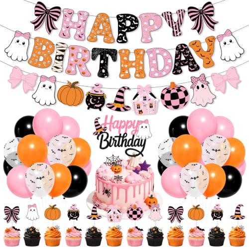 Pink and Black Halloween Birthday Party Balloons & Cake Topper Set
