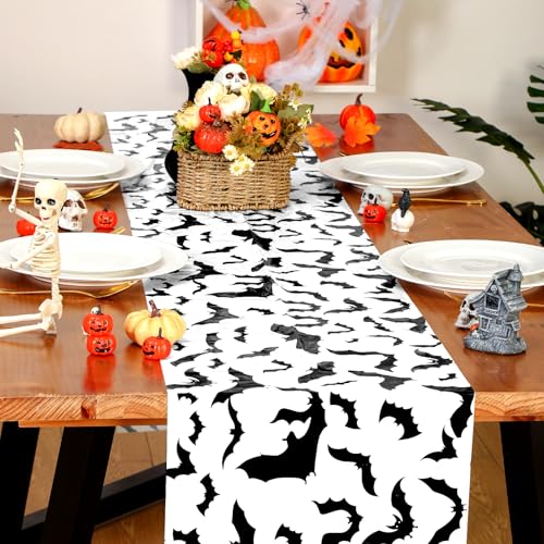 Halloween Bat Printed Plastic Table Runner - 14 x 108 Inches, Pack of 6 - Black & White, Bat Variation
