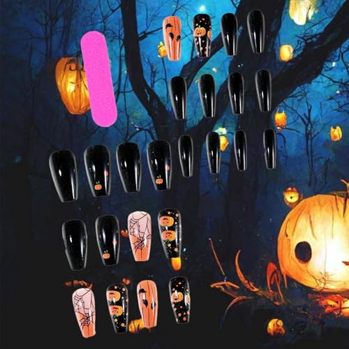 Halloween Press-On Nails 24Pcs Pumpkin & Spider Web Design - Variation 58