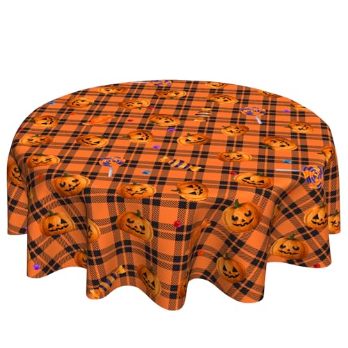 Halloween Pumpkin Lollipop Circular Tablecloth - 60 Inch Orange Buffalo Plaid Fall Decor