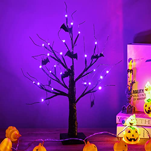 2 Pack Lighted Halloween Bonsai Tree with Purple LED Lights & Bat Ornaments - 18 Inch Spooky Decor