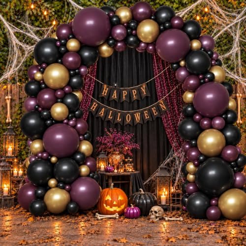 Double Stuffed Halloween Balloon Arch - Dark Purple Black & Gold Variation