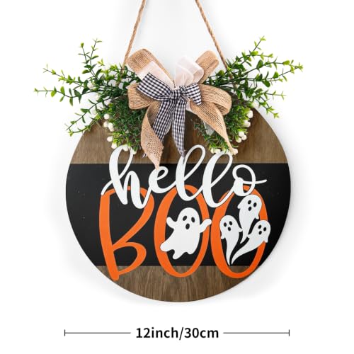 Cute Ghost Halloween Door Sign 12 Inch Wreath for Front Door - Farmhouse Halloween Decor with Hanging Rope - Variation: 12x12 Inches