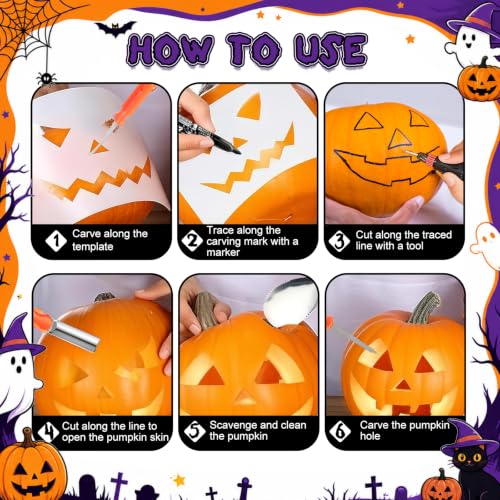 Halloween Pumpkin Carving Kit 8-Person Set with Tools Templates + Tote Bag (Variation of 160/Mixed Style)
