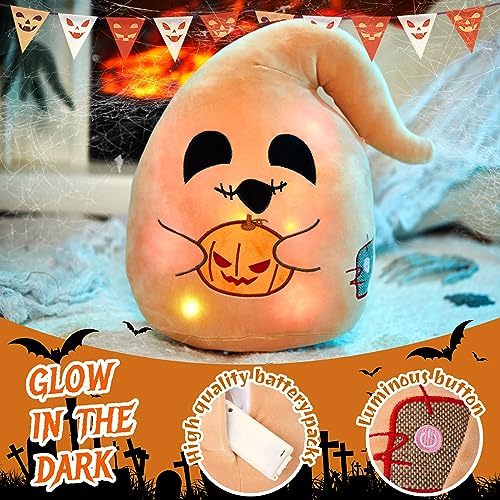 Glow Ghost Plush Pillow with Pumpkin Lantern - 12'' Light Up Halloween Decoration for Kids