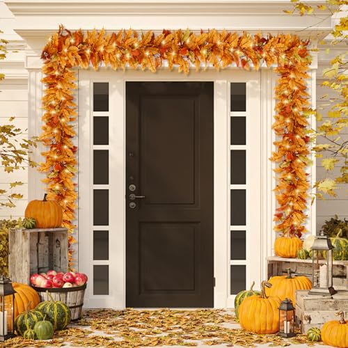6FT Fall Leaves Garland with Lights and Timer - Red-Orange Autumn Decor