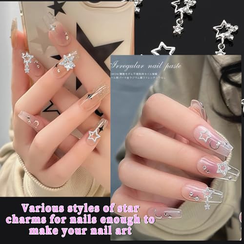 Silver 40Pcs Y2K Star Nail Charms Set with 3D Rhinestones - Multiple Styles
