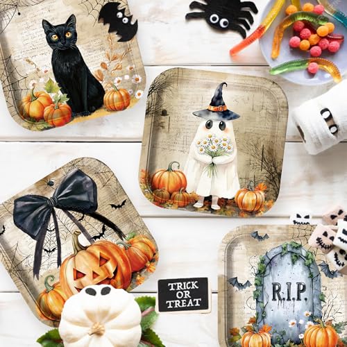 Halloween Vintage Paper Plates Set 60pcs - 9 Inch Disposable Halloween Tableware