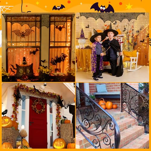 Black Lace Spiderweb Fireplace Mantel Scarf Halloween Decor - Aridantrp