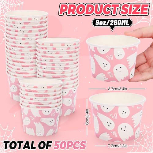 Ghost Halloween Snack Cups - Pink Cute Disposable 9oz Bowls, 50 Pack