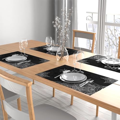 Halloween Spider Web Placemats Set of 4 - 12x18 Inch Burlap Table Mats
