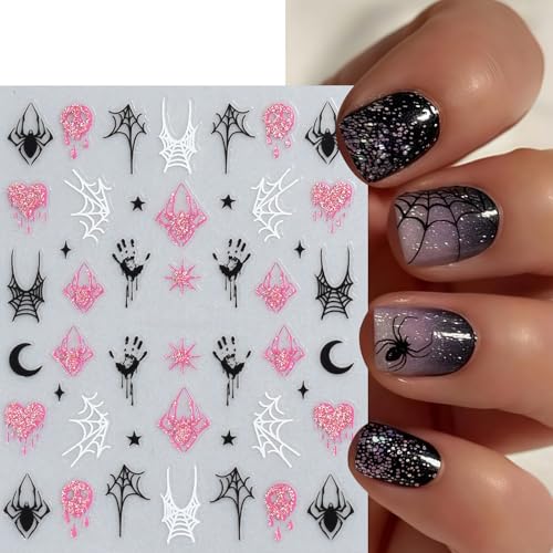 Halloween Nail Art Stickers - Pink Glitter Pumpkin Ghost Spider Web Bat Design - Bat Variation
