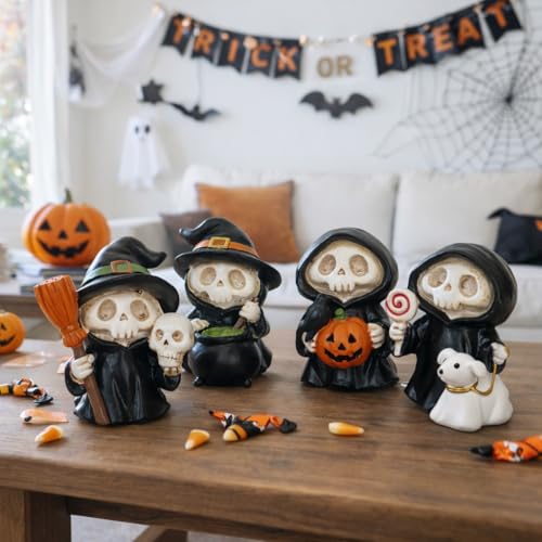 Halloween Skeleton Figurines Set of 4 - Black Mini Spooky Decor for Table, Shelf & Mantel