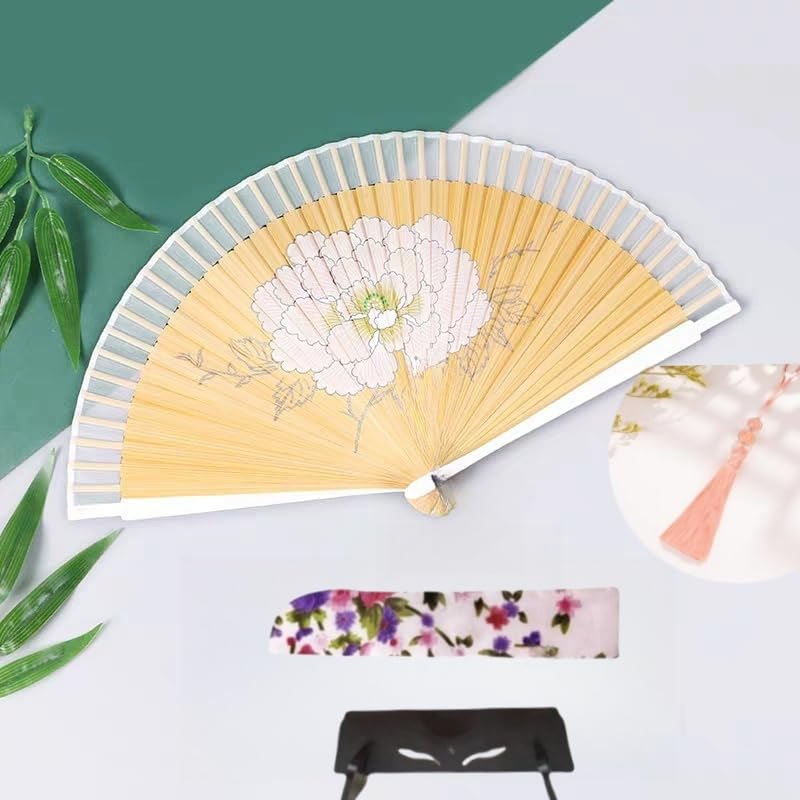 Handheld Silk Folding Fan with Bamboo Frame - White Peony, 8.66 Inch, Chinese & Japanese Style, Party & Wedding Prop