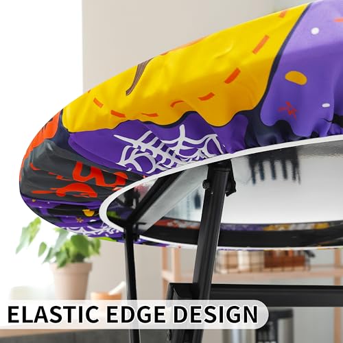Halloween Round Fitted Tablecloth with Elastic Pumpkin Ghost Bat Web Waterproof 52 Inch Purple