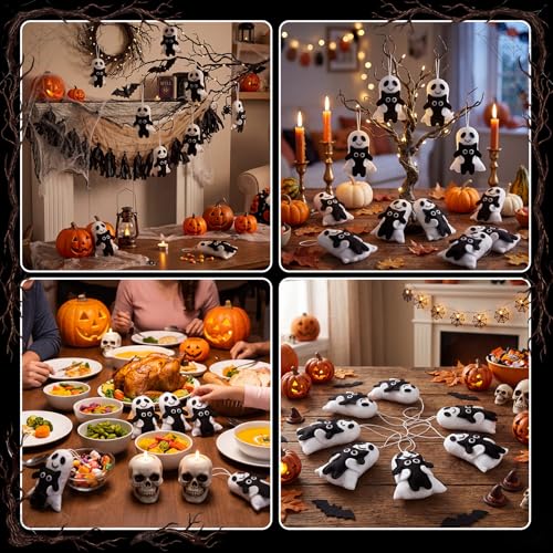 12 Pack Halloween Ghost Felt Ornaments with Black Cat Hanging Decorations