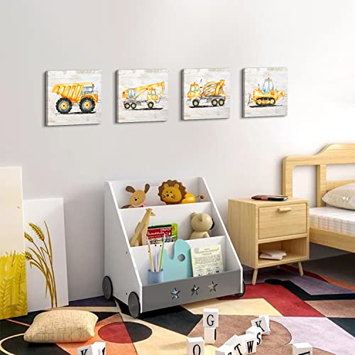 Kids Construction Truck Wall Art Set - 14x14 Inches for Boys Room Decor