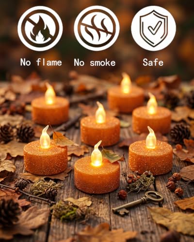 Orange Glitter Tea Lights Candles with Timer - 12PCS Flameless Flickering Lights