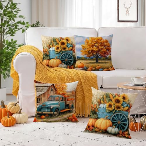 YeeJu Fall Throw Pillow Covers 26x26 Set of 4 Velvet Pumpkin Cushion Cases for Autumn Farmhouse Decoration - Fall 01