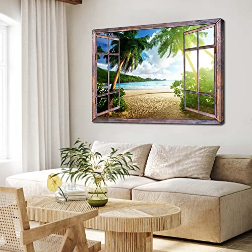 Large Tropical Beach Canvas Wall Art - Ocean Sunset Palm Trees, 48 x 32 Inches, Coastal Seascape Decor