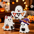 White Wooden Ghost Halloween Decorations Set - Whimsical Table Signs with Bats & Pumpkin